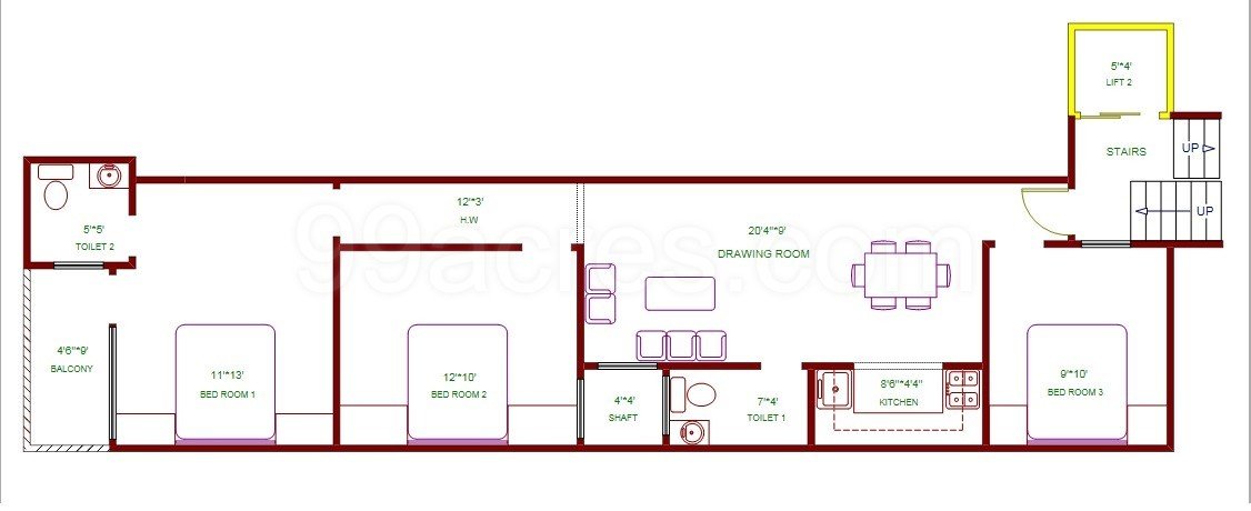 3 BHK, Residential Apartment (950 sq.ft.)