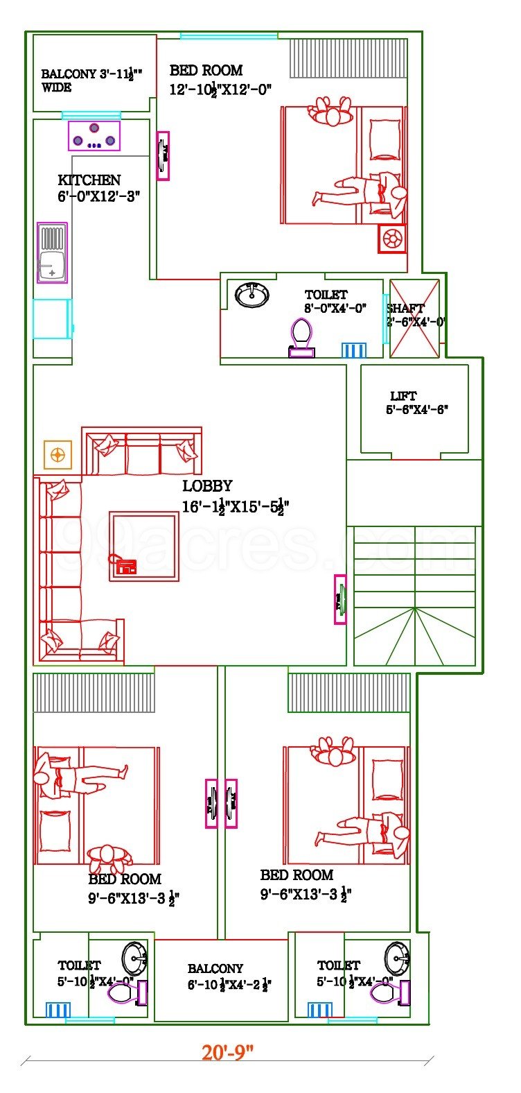 3 BHK, Builder Floor (1000 sq.ft.)